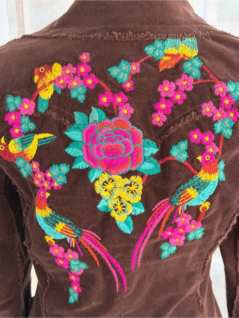 Johnny Was Embroidered Brown Corduroy Jacket with Floral & Bird Motifs Blazer Sm - Picture 7 of 14